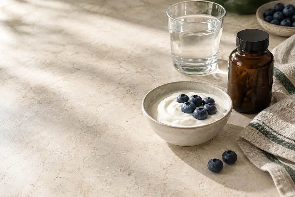 Generated still life of yogurt, blueberries, water and an unbranded amber bottle on a limestone table.