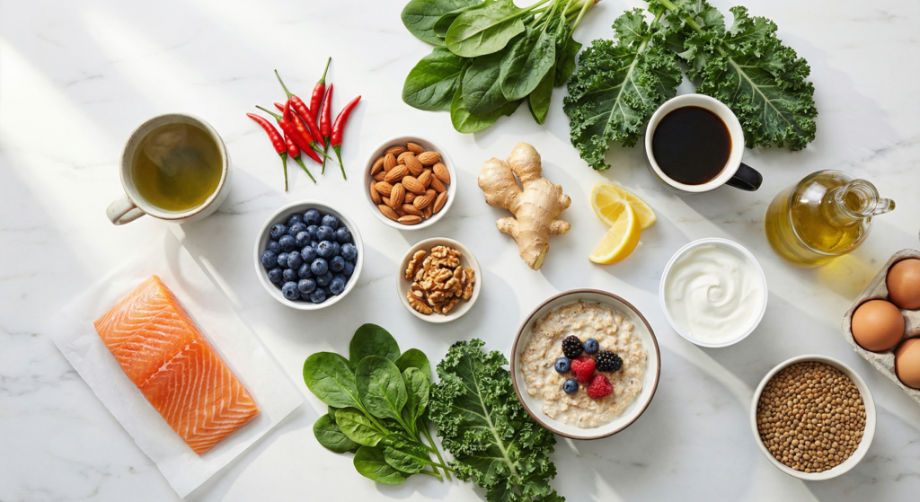 15 metabolism-boosting foods flat-lay including salmon, green tea, chili peppers, blueberries, almonds, ginger, and leafy greens