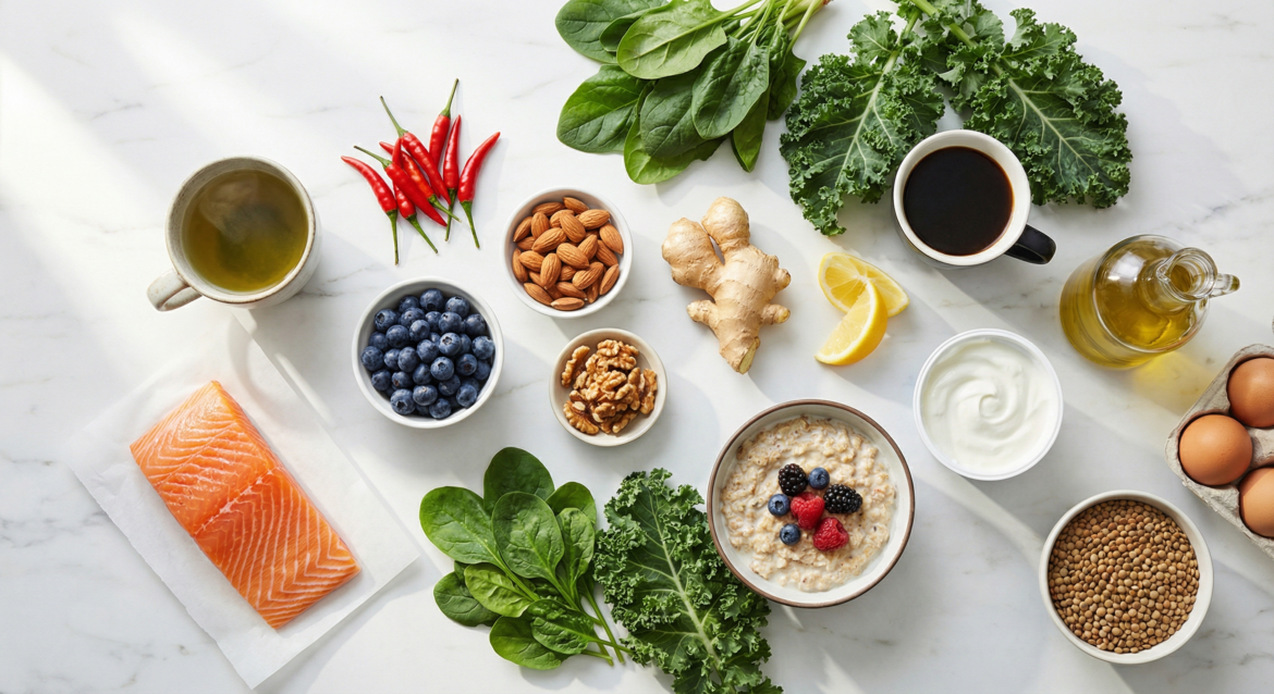 15 metabolism-boosting foods flat-lay including salmon, green tea, chili peppers, blueberries, almonds, ginger, and leafy greens