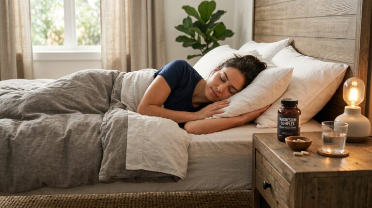 Magnesium glycinate supplement bottle on nightstand in bedroom