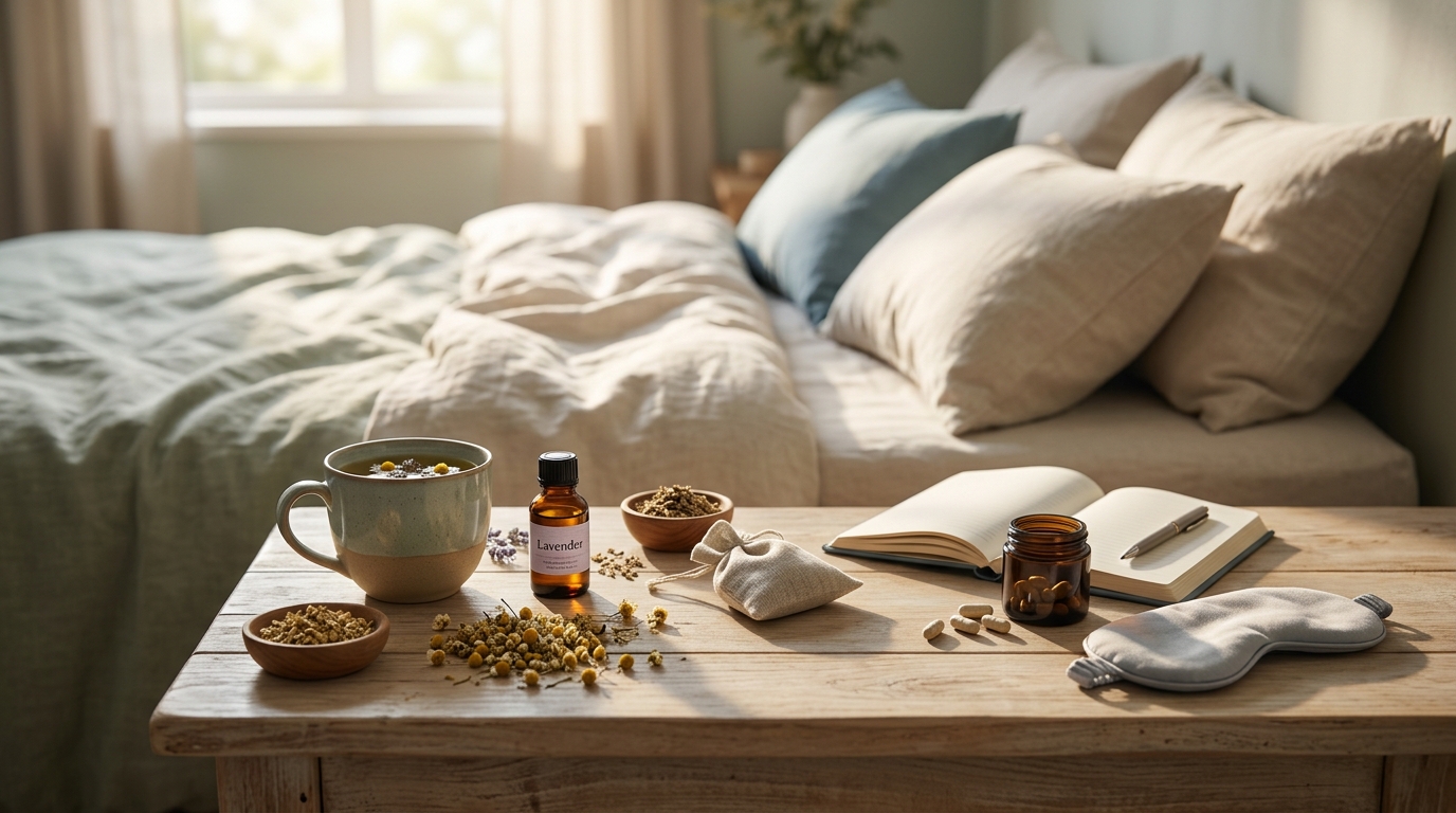 A serene bedroom setting with natural sleep aids like herbs and supplements on a nightstand, symbolizing restful sleep.