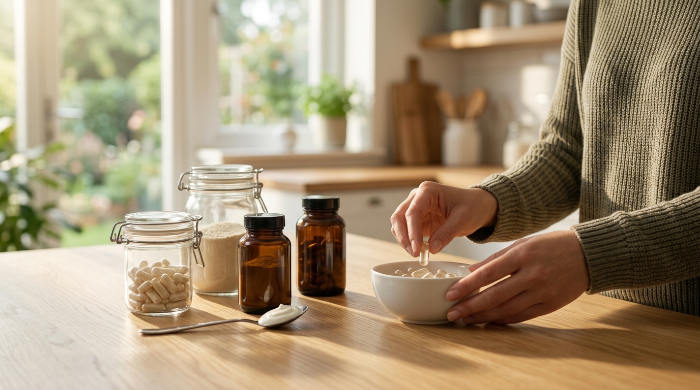 Assortment of high-quality probiotic supplements on a wooden table with yogurt and kefir