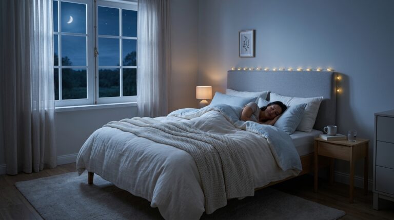 Person sleeping peacefully in cool dark bedroom for better sleep quality