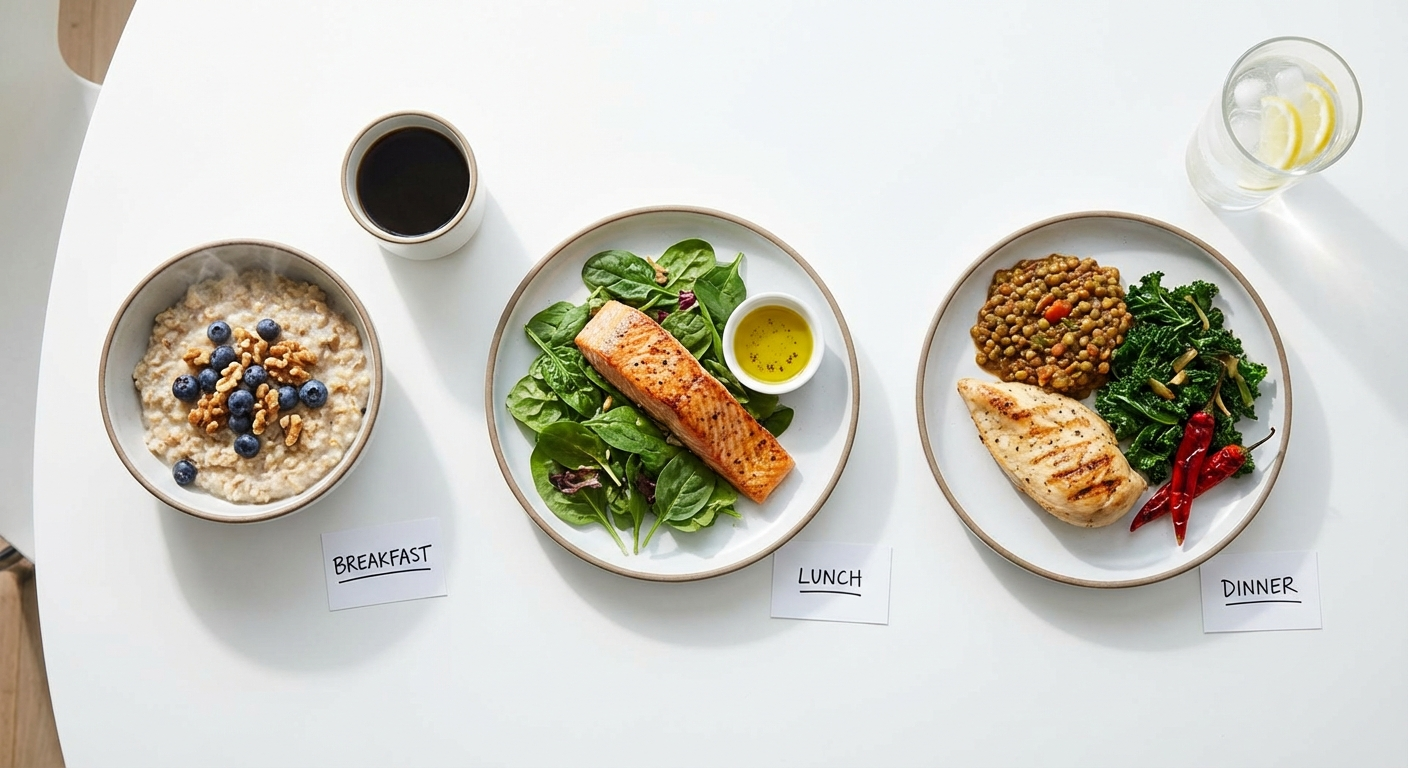 Metabolism-boosting meal plan spread with oatmeal, blueberries, grilled salmon, chicken with lentils, coffee, and cold water