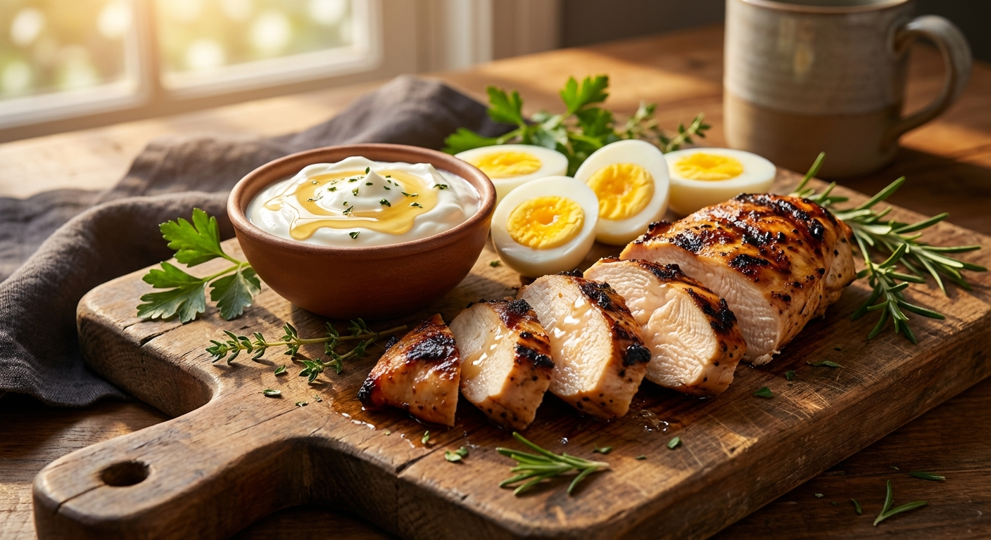High-protein metabolism-boosting foods: grilled chicken, hard-boiled eggs, and Greek yogurt on a wooden cutting board