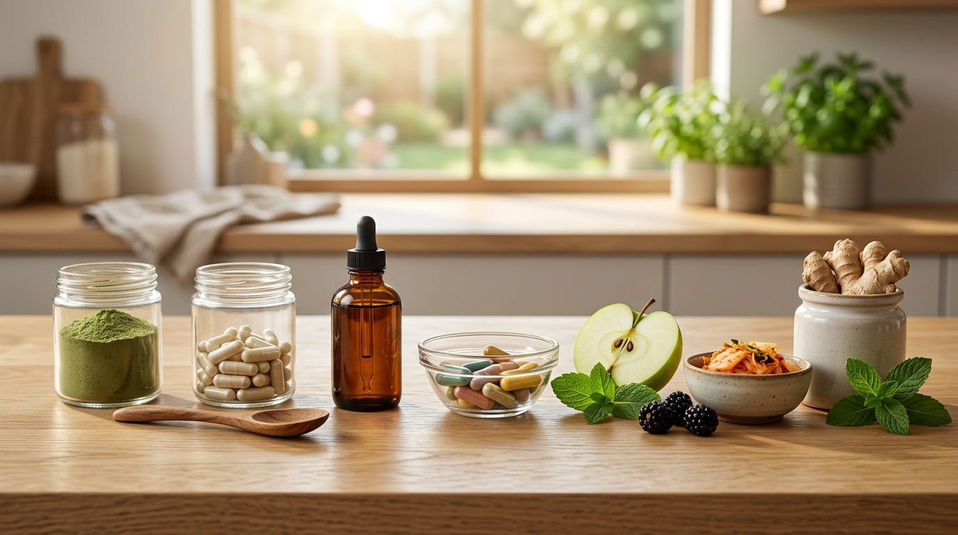 A curated selection of evidence-based gut health supplement bottles, including probiotics, prebiotics, and L-glutamine, alongside high-fiber foods like artichokes and oats.