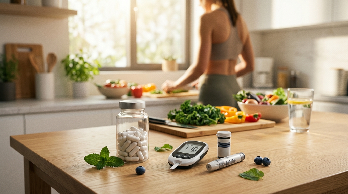 Gluco6 supplement bottle alongside fresh ingredients like cinnamon and green tea leaves on a wood table