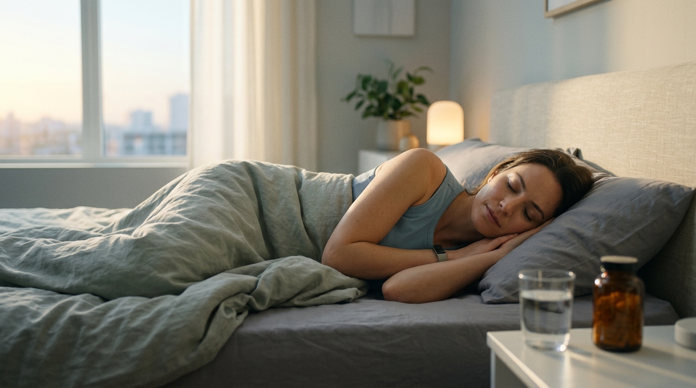 Close-up view of magnesium glycinate capsules next to a person sleeping peacefully and muscle tissue illustration