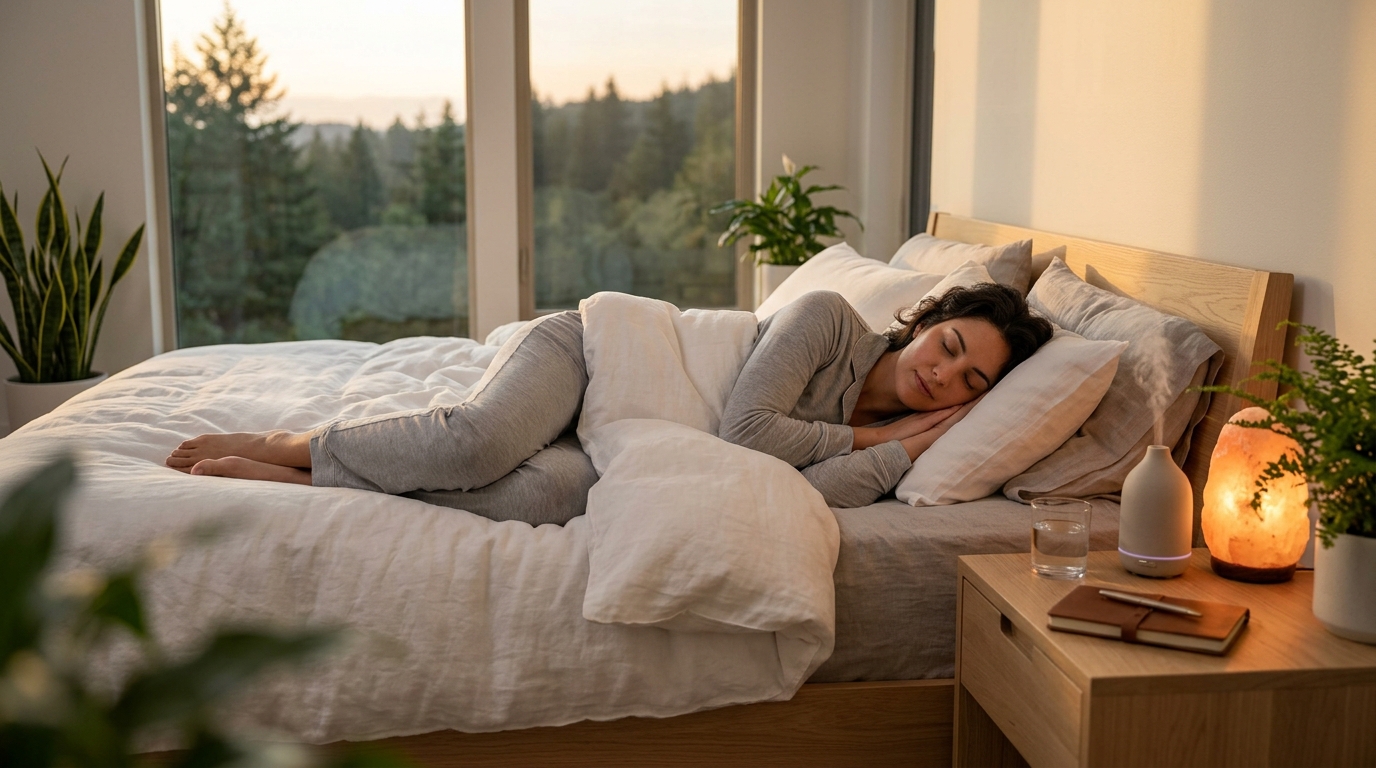 A person sleeping soundly in an optimally cool, dark, and quiet bedroom environment, representing natural sleep improvement