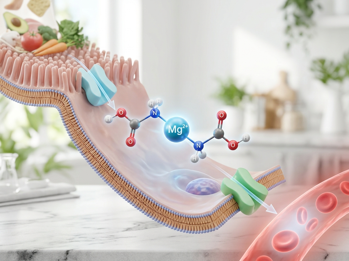 Diagram illustrating magnesium glycinate molecules entering brain synapses and muscle cells to promote sleep and recovery