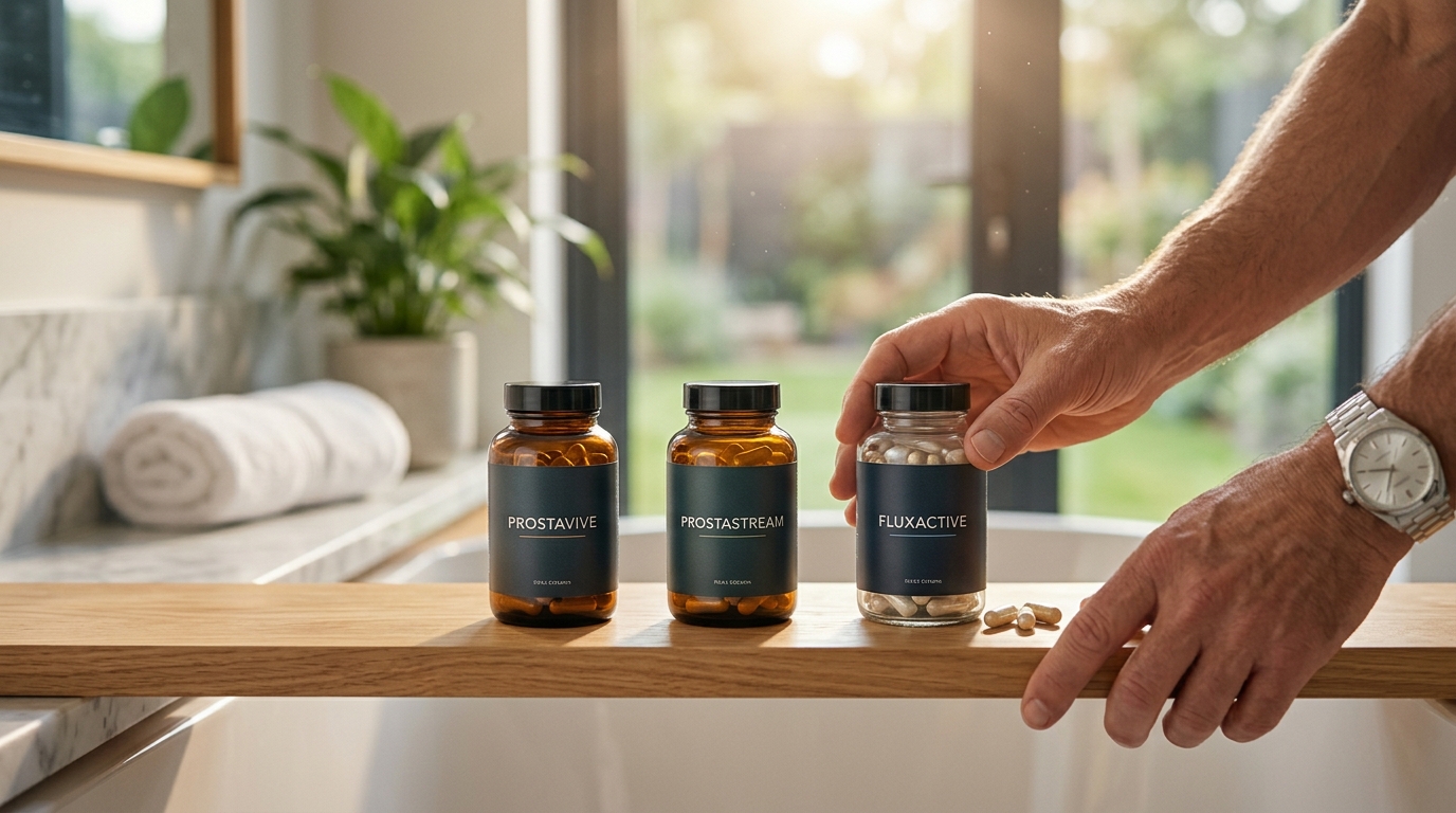 Three supplement bottles labeled ProstaVive, ProstaStream, and FluxActive Complete on a wood table with charts and ingredients in the background